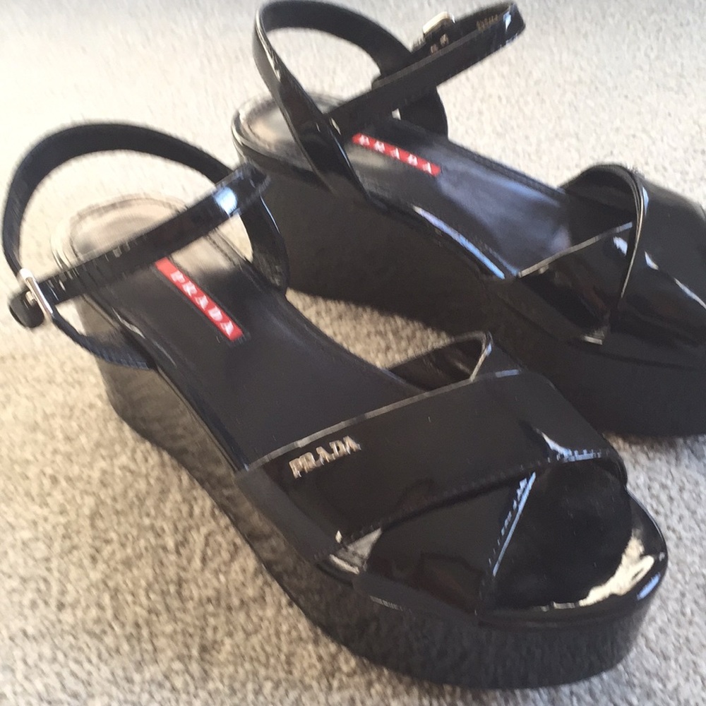 Prada Black Patent Platform Sandals size 38 / 8